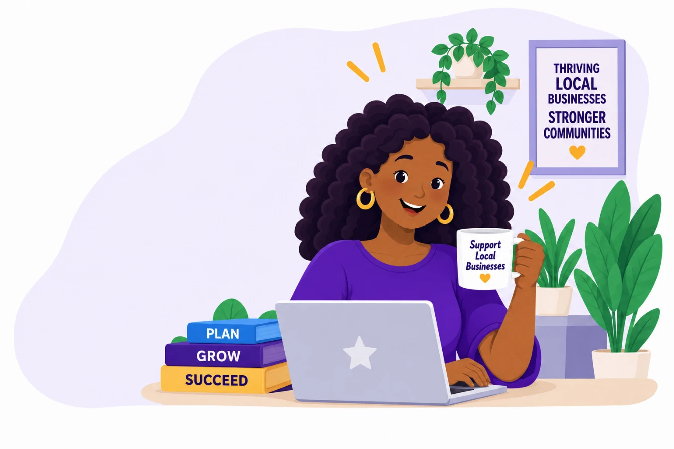Pia, the Praise Picker AI assistant, smiling at her laptop with a Support Local Businesses mug