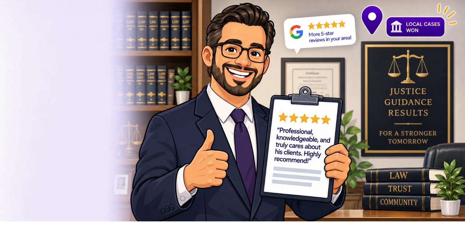 A smiling attorney in his law office gives a thumbs up while holding a clipboard with a five-star client review