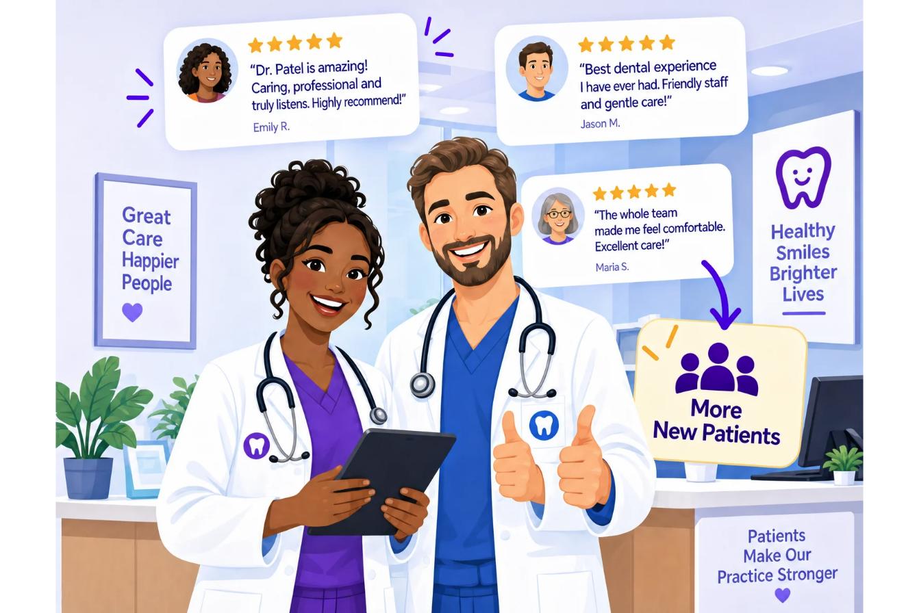 Two smiling doctors in a dental and medical clinic surrounded by five-star patient review cards and a More New Patients badge