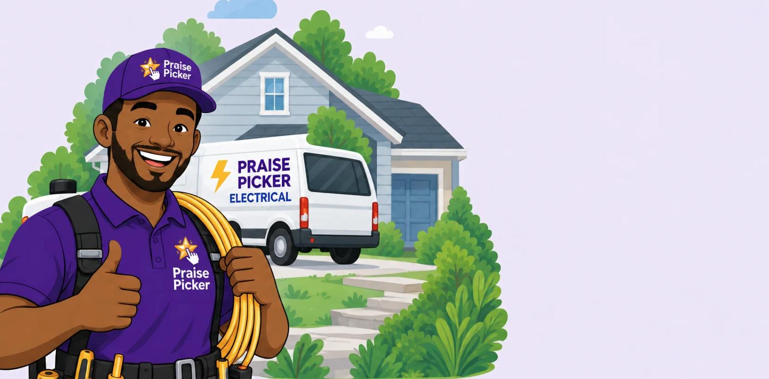A smiling electrician in a Praise Picker uniform gives a thumbs up in front of a service van