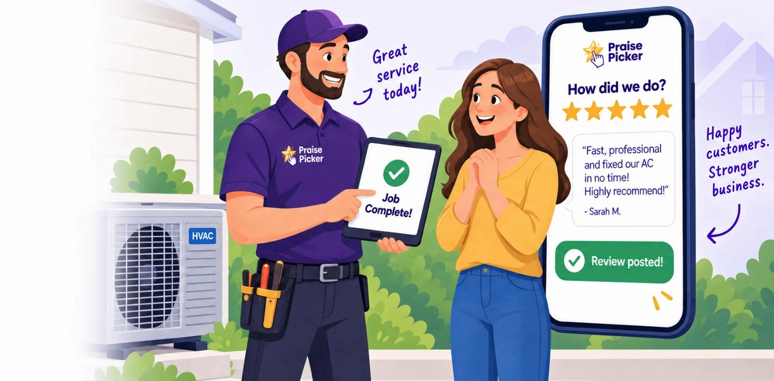 An HVAC technician shows a homeowner the finished job on a tablet while her phone shows a five-star review being posted