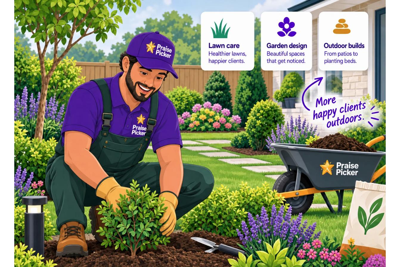 A landscaper in a Praise Picker uniform plants a shrub in a backyard garden, with cards for lawn care, garden design and outdoor builds