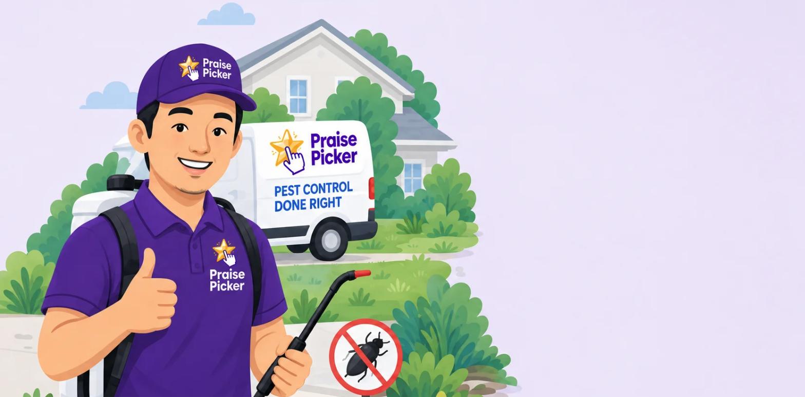 A smiling pest control technician in a Praise Picker uniform gives a thumbs up in front of a service van