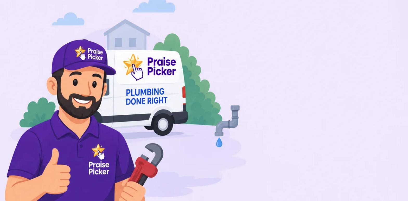 A smiling plumber in a Praise Picker uniform gives a thumbs up in front of a service van